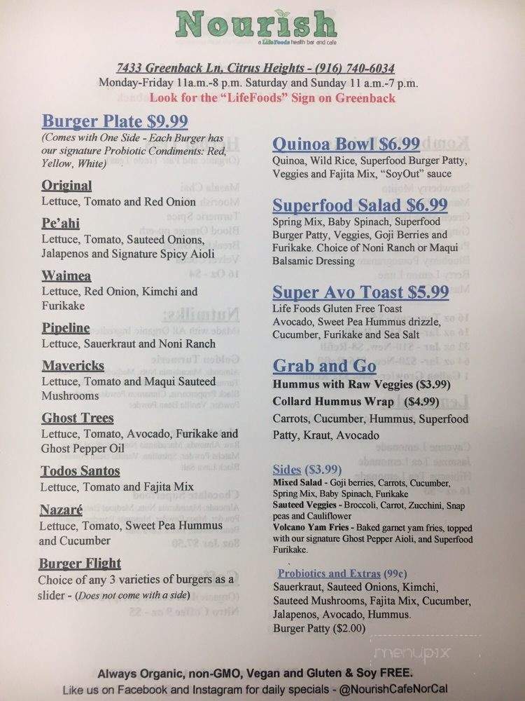 Nourish Health Bar and Cafe - Citrus Heights, CA menu_pic
