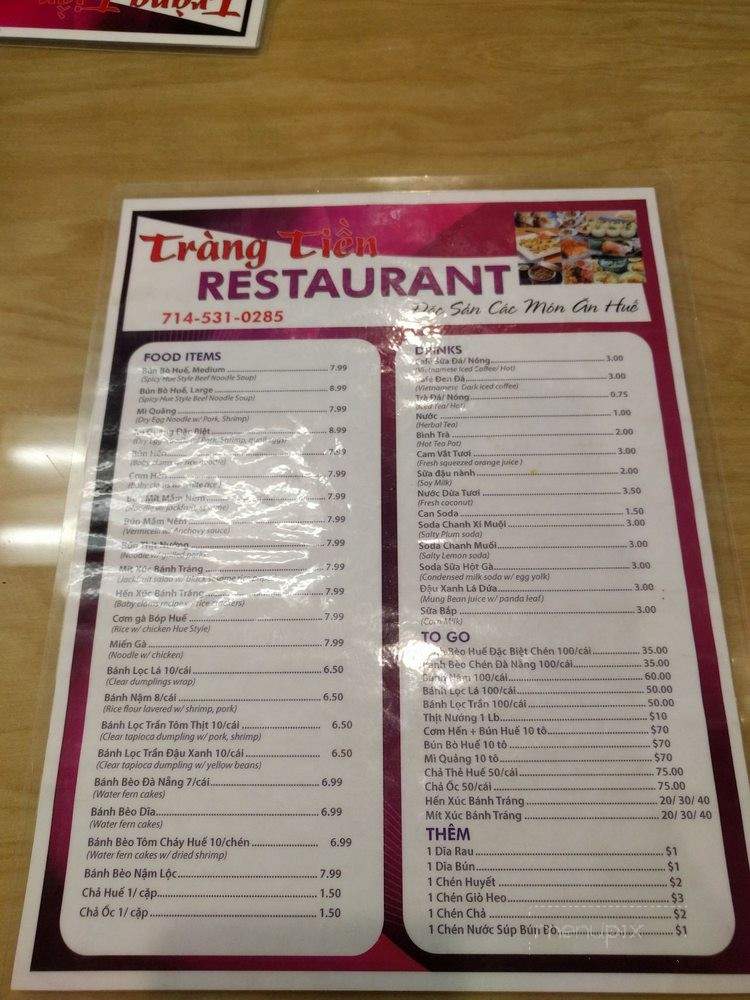 Trang Tien Restaurant - Westminster, CA menu_pic