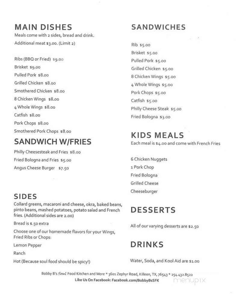 Bobby B's Soul Food Kitchen & More - Killeen, TX menu_pic