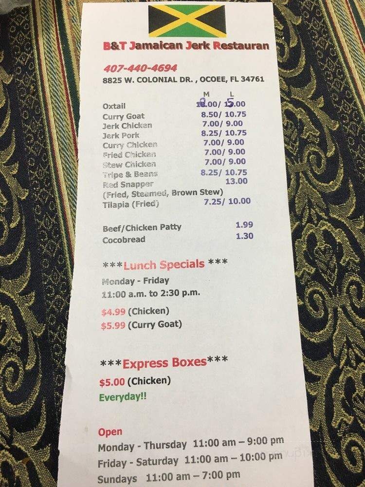 B&T Jamaican Jerk Restaurant - Ocoee, FL menu_pic