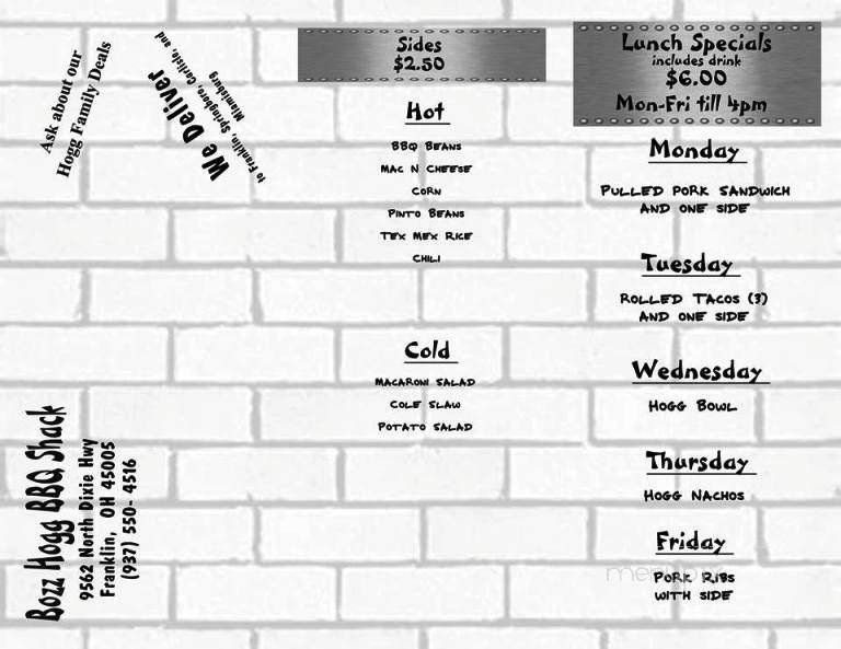 Bozz Hogg BBQ Shack - Franklin, OH menu_pic