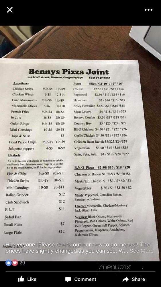 Bennys Pizza Joint - Monroe, OR menu_pic