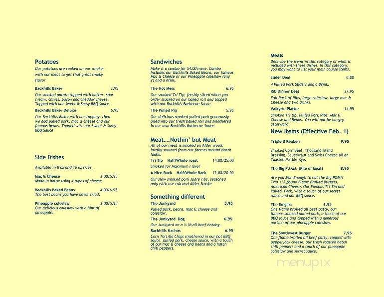 The Triple B Backhills BBQ On Best - Coeur d'Alene, ID menu_pic