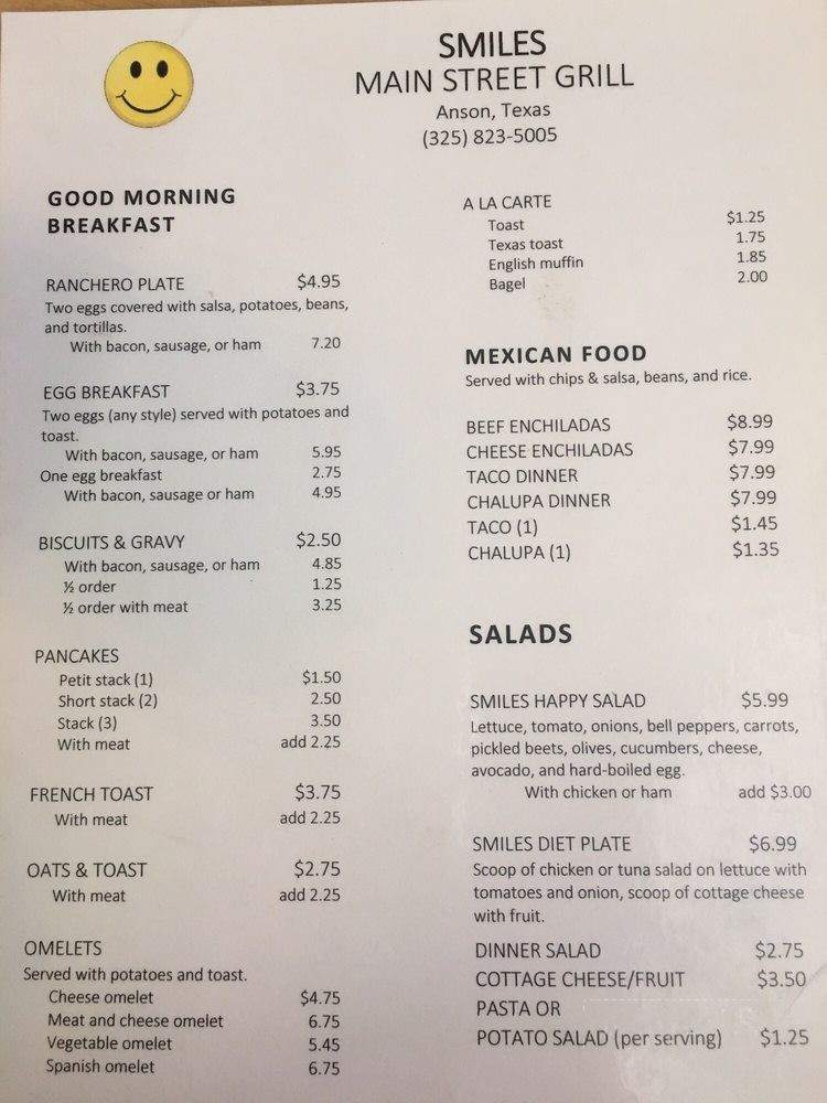 Smiles Main Street Grill - Anson, TX menu_pic