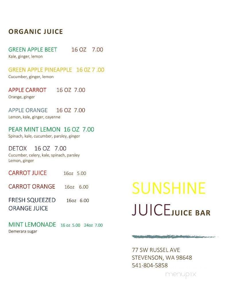Sunshine Juice, Organic Juice Bar & Cafe - Stevenson, WA menu_pic