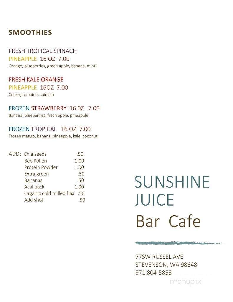 Sunshine Juice, Organic Juice Bar & Cafe - Stevenson, WA menu_pic