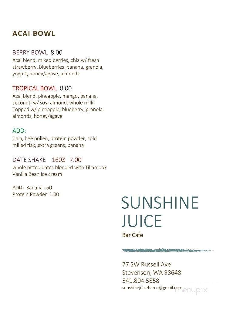 Sunshine Juice, Organic Juice Bar & Cafe - Stevenson, WA menu_pic