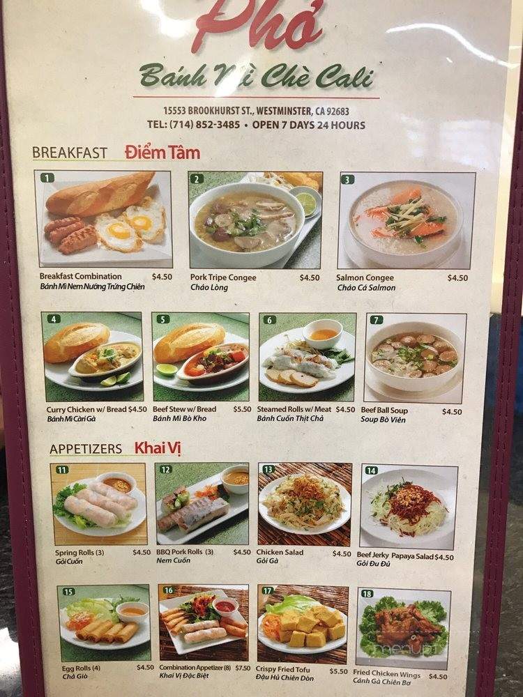 Pho Banh Mi Che Cali - Westminster, CA menu_pic