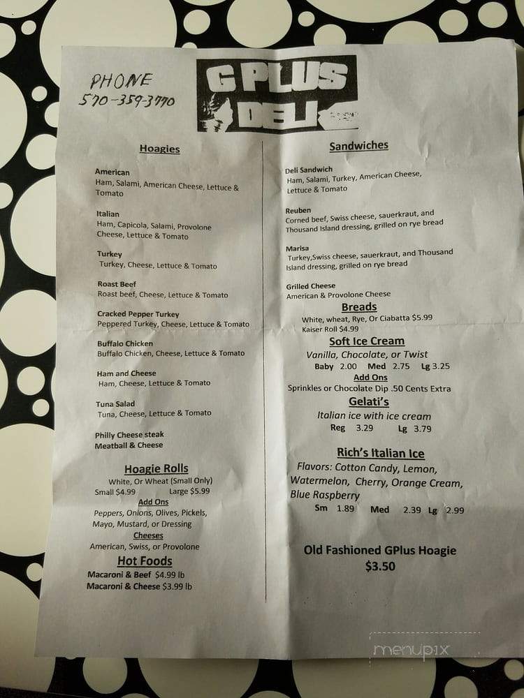 G Plus Deli - Drums, PA menu_pic