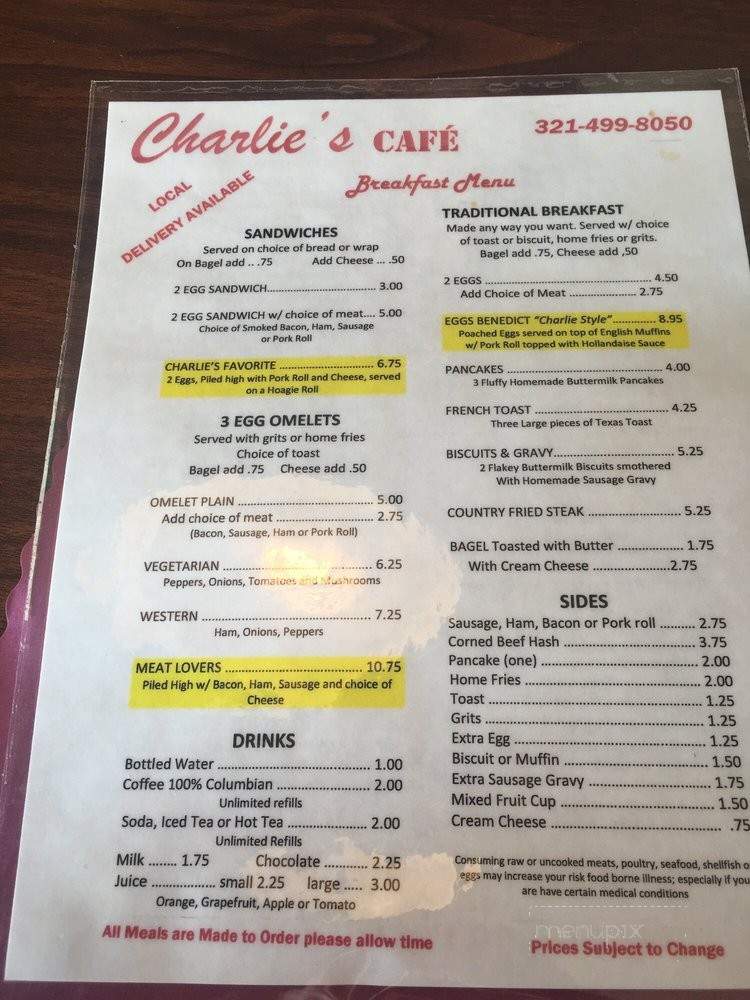 Charlie's Cafe - Cape Canaveral, FL menu_pic