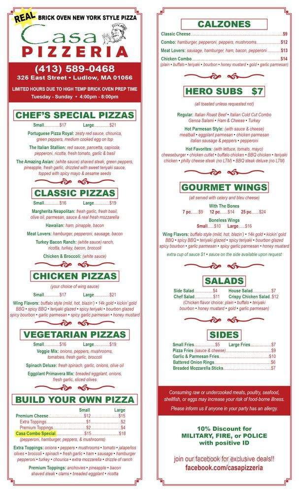 Casa Pizzeria - Ludlow, MA menu_pic