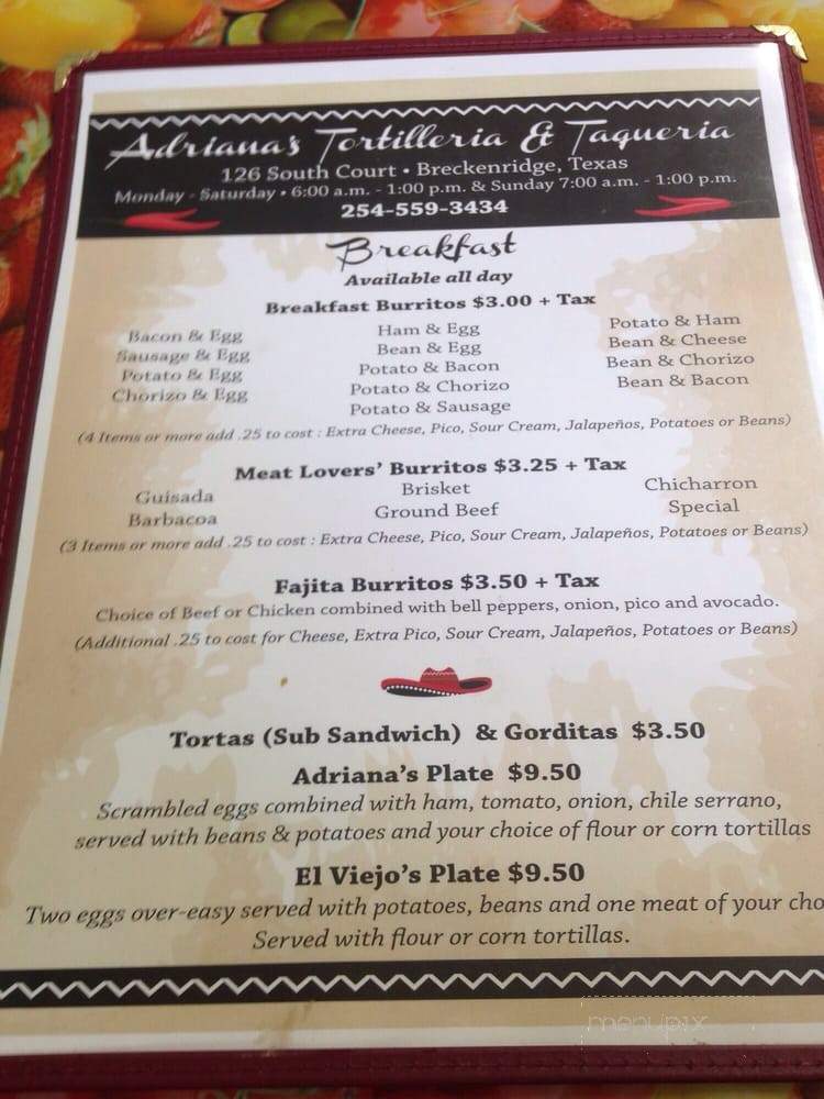 Adriana's Taqueria Y Tortilleria - Breckenridge, TX menu_pic