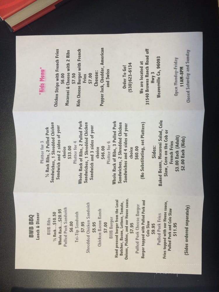 BWB BBQ - Weaverville, CA menu_pic