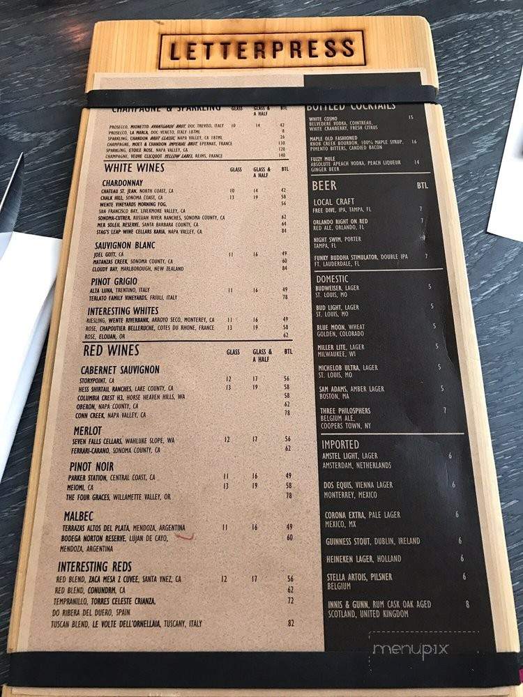 Letterpress - Lake Buena Vista, FL menu_pic