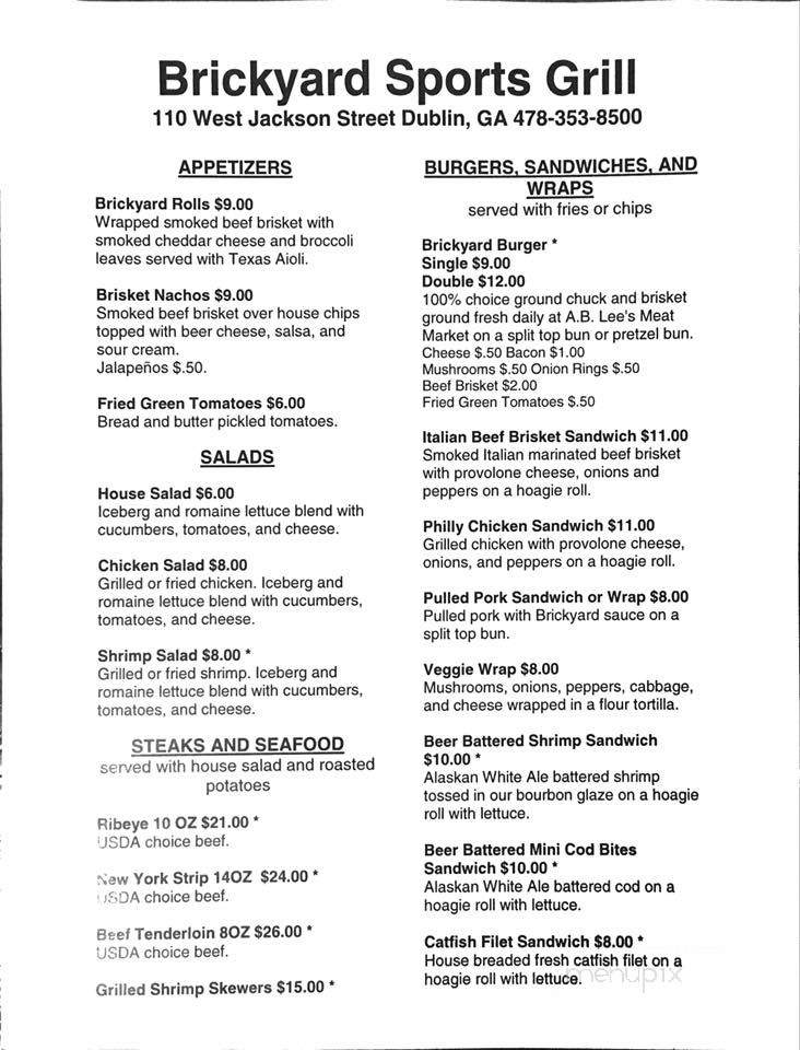 Brick Yard Sports Grill - Dublin, GA menu_pic