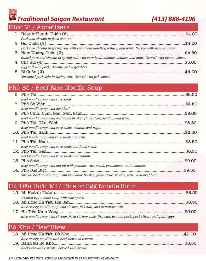 Traditional Saigon Restaurant - Springfield, MA menu_pic