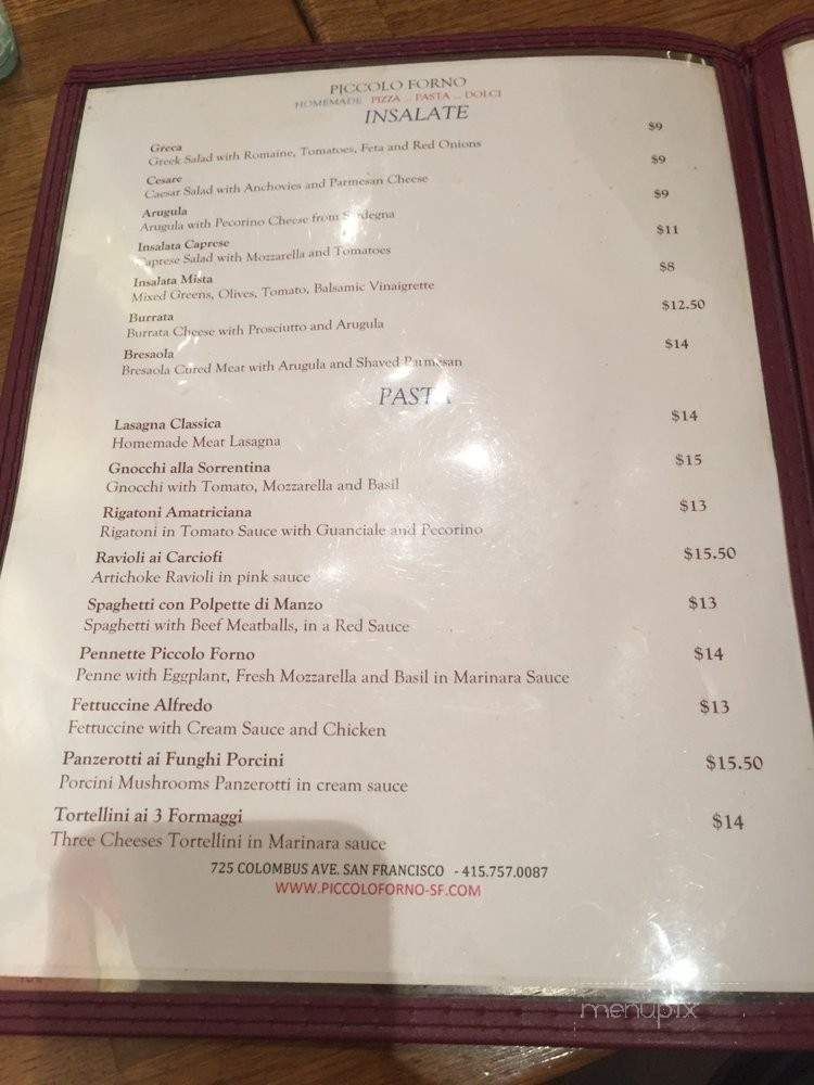 Piccolo Forno - San Francisco, CA menu_pic