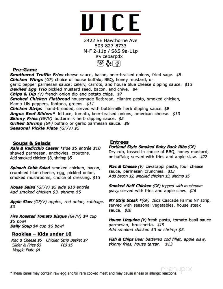 Vice Bar and Grill - Portland, OR menu_pic