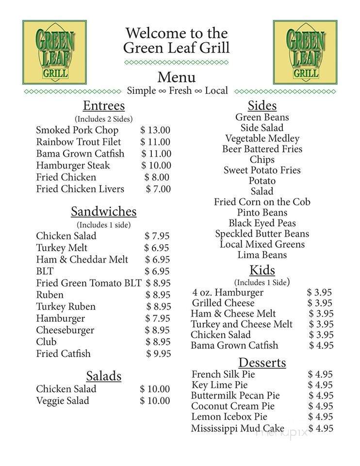 The Green Leaf Grill - Mentone, AL menu_pic