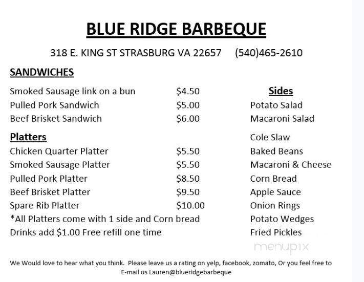 Blue Ridge Barbecue - Strasburg, VA menu_pic