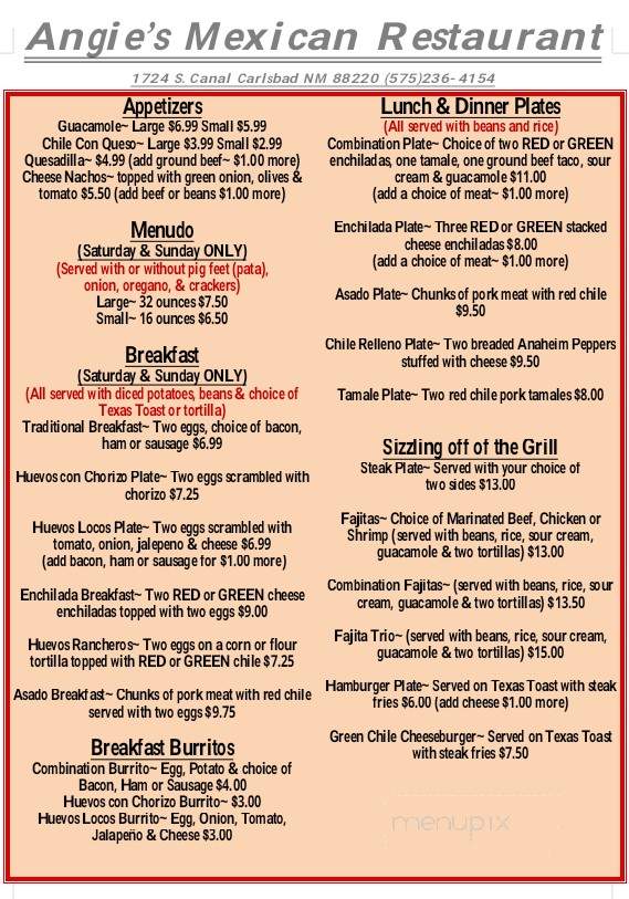Angie's Mexican Restaurant - Carlsbad, NM menu_pic