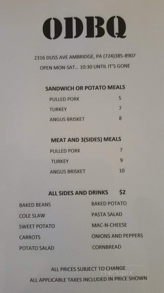 ODBQ - Ambridge, PA menu_pic