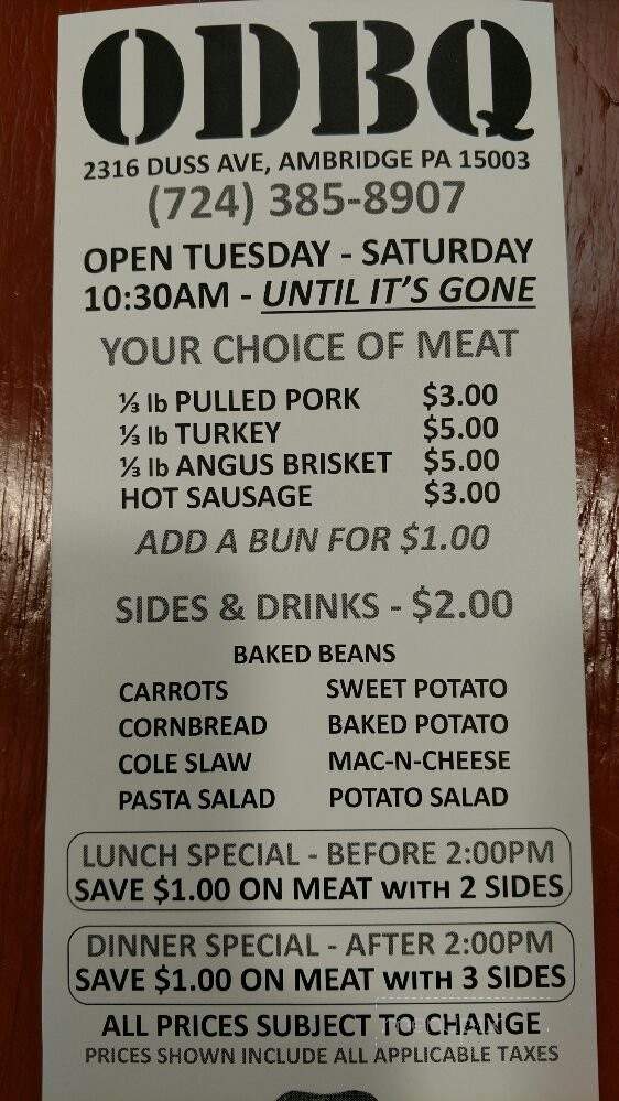 ODBQ - Ambridge, PA menu_pic
