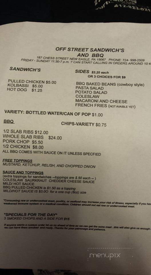 Off Street BBQ - New Eagle, PA menu_pic