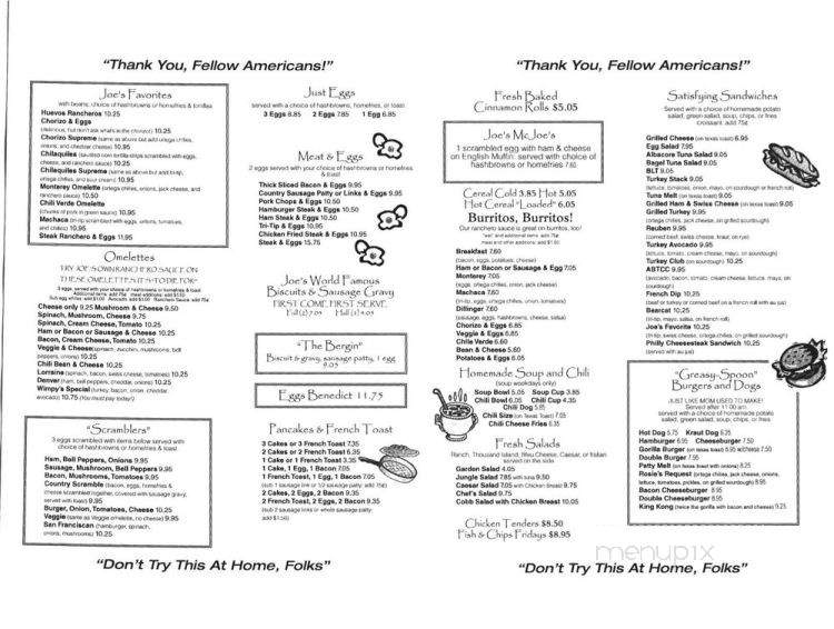 Joe's One-Niner Diner - Paso Robles, CA menu_pic