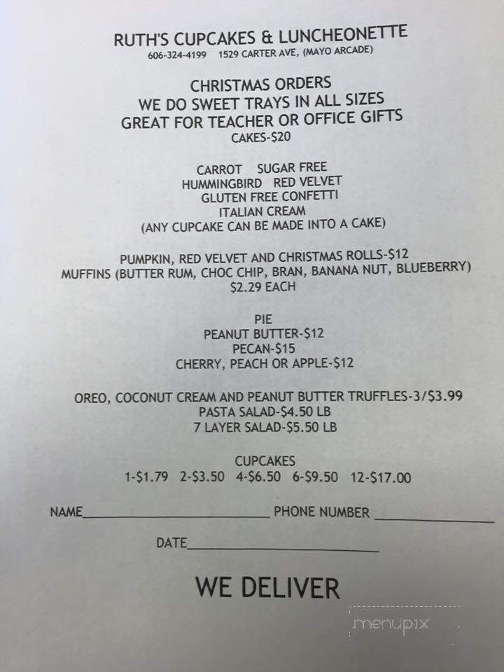 Ruth's Cupcakes & Luncheonette - Ashland, KY menu_pic