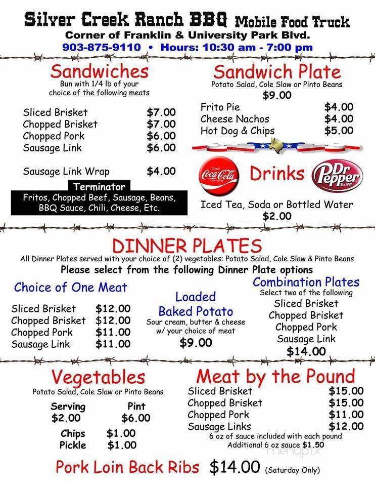 Silver Creek Ranch BBQ - Waco, TX menu_pic