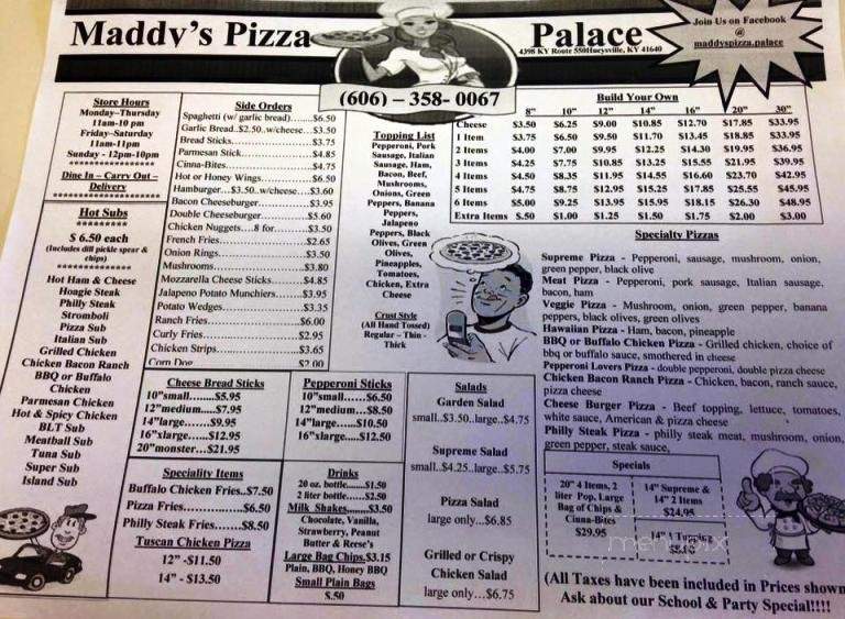 Maddy's Pizza Palace - Hueysville, KY menu_pic