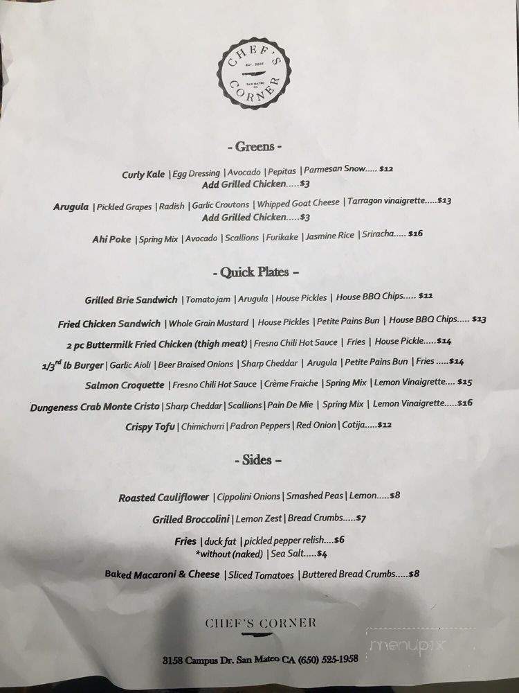Chef's Corner - San Mateo, CA menu_pic
