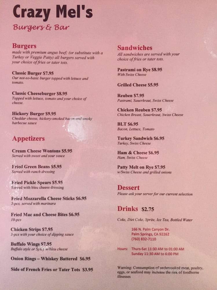Crazy Mel's Burgers & Bar - Palm Springs, CA menu_pic