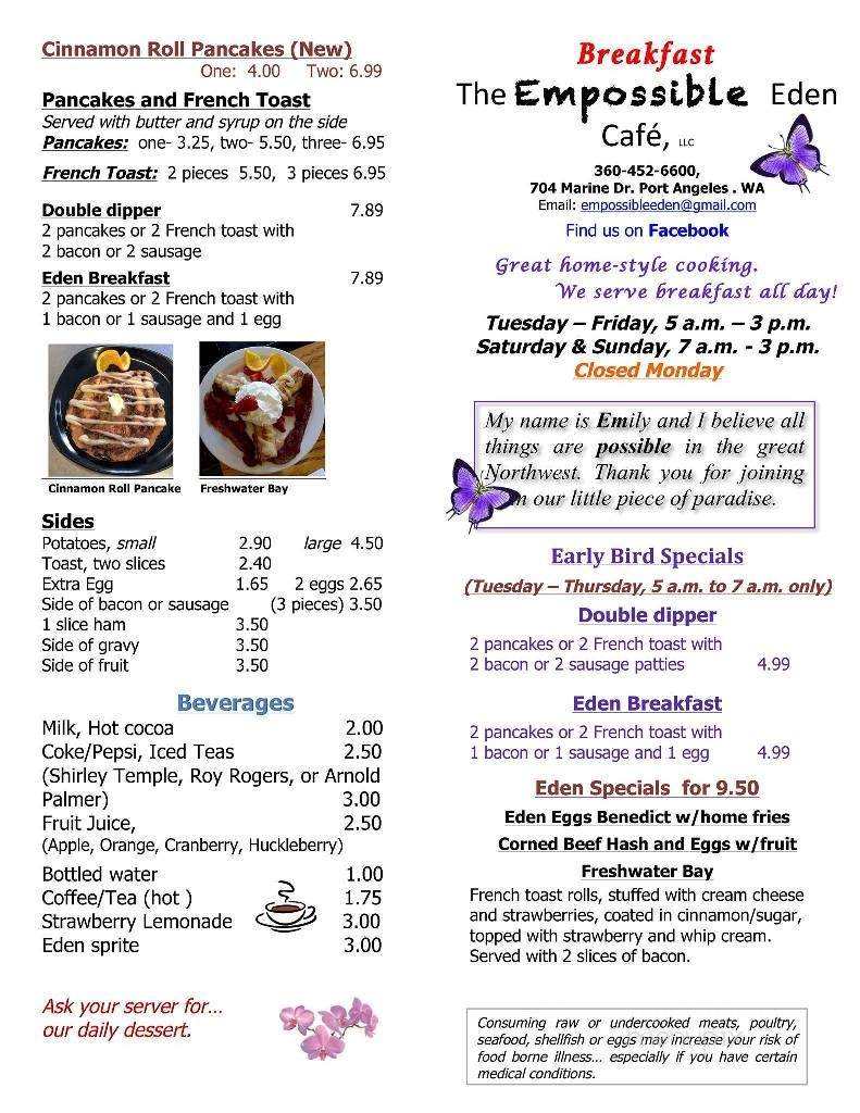 The Empossible Eden Cafe - Port Angeles, WA menu_pic