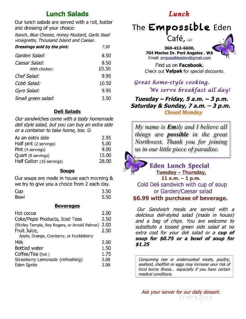 The Empossible Eden Cafe - Port Angeles, WA menu_pic