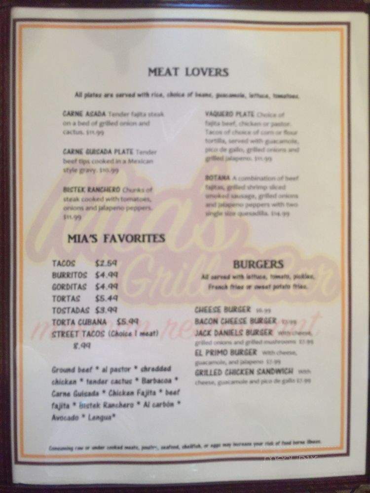 Mia's Grill And Bar - Georgetown, TX menu_pic