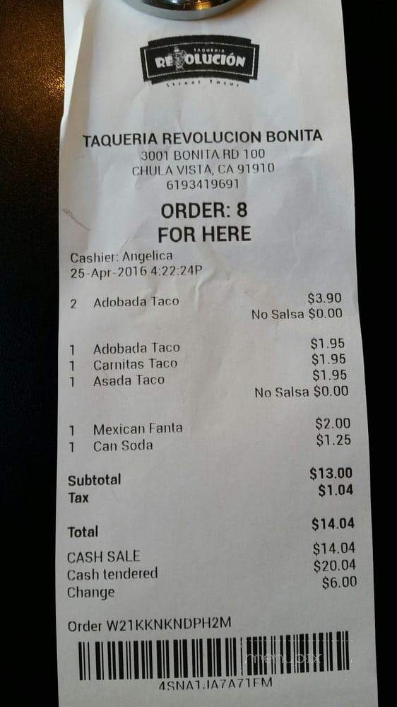 Taqueria Revolucion - Chula Vista, CA menu_pic