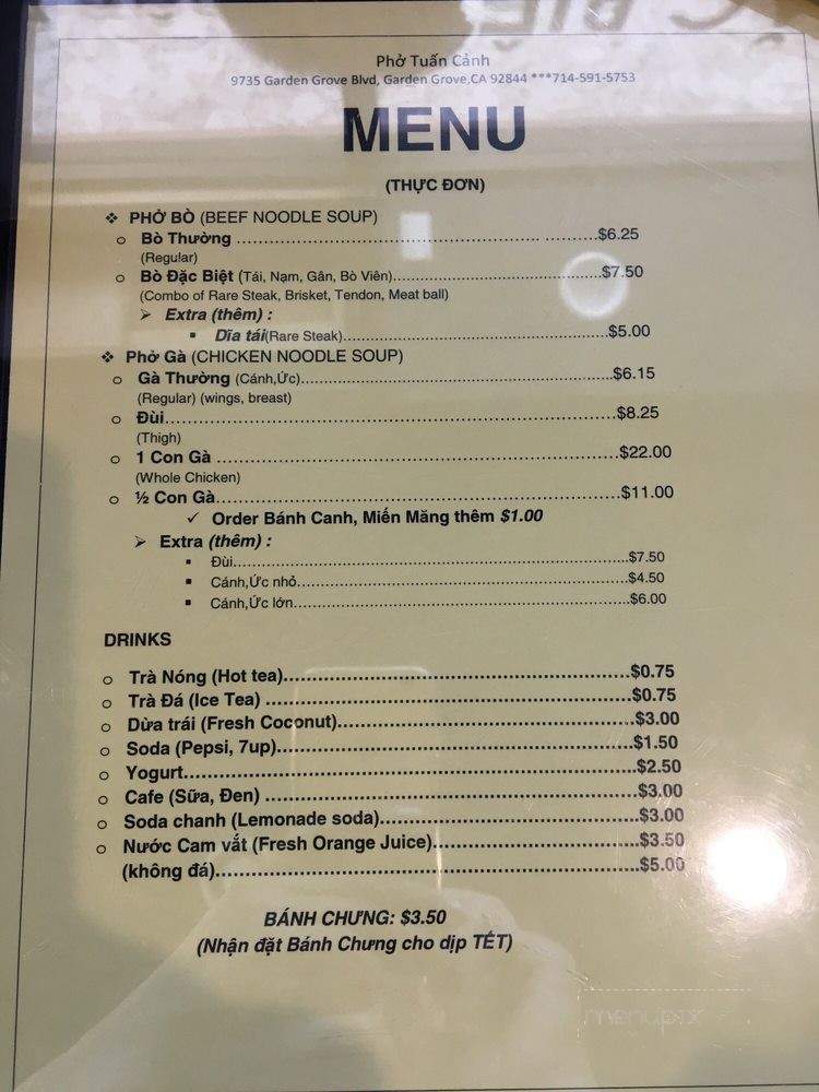 Tuan Canh - Garden Grove, CA menu_pic