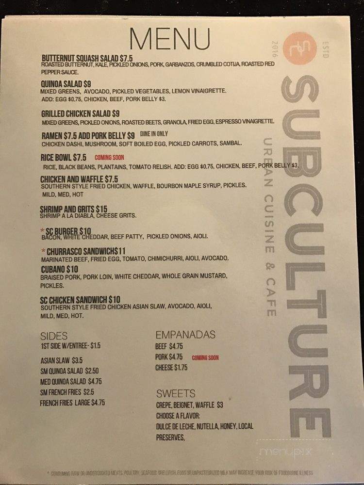 Subculture Urban Cuisine and Cafe - Nashville, TN menu_pic