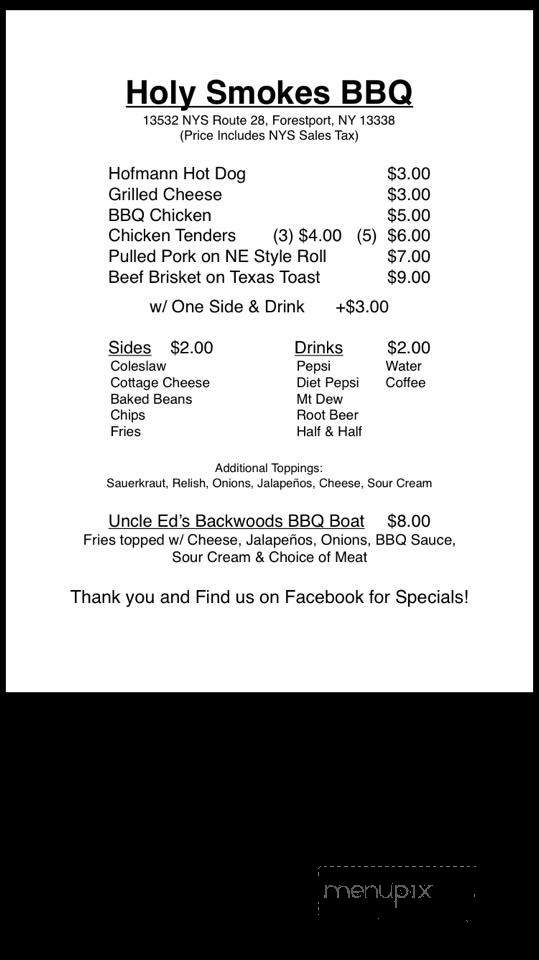 Holy Smokes BBQ - Forestport, NY menu_pic