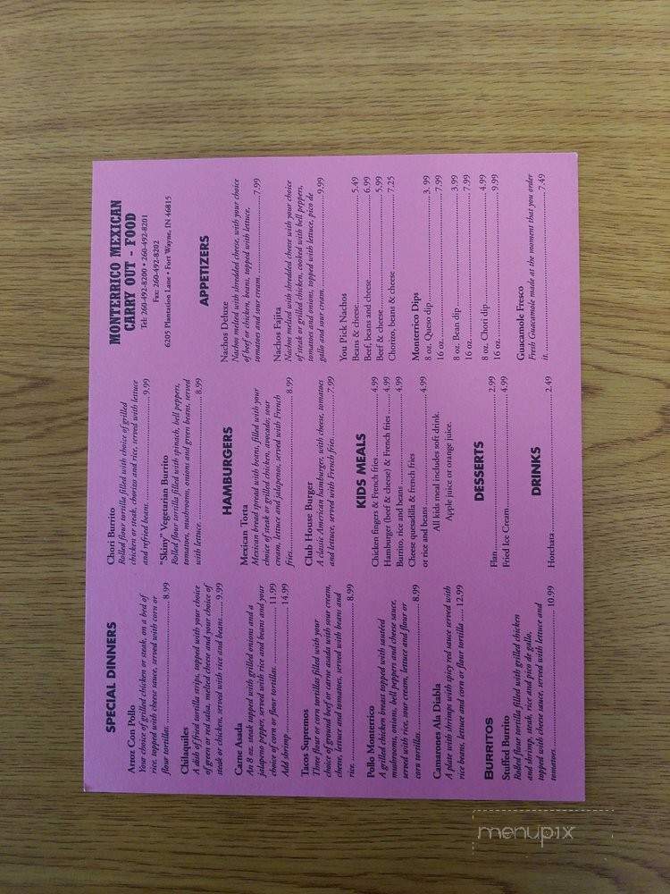 Monterrico - Fort Wayne, IN menu_pic