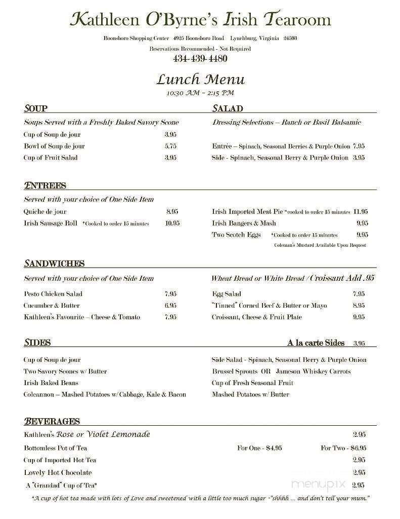 Kathleen O'Byrne's Irish Tearoom - Lynchburg, VA menu_pic