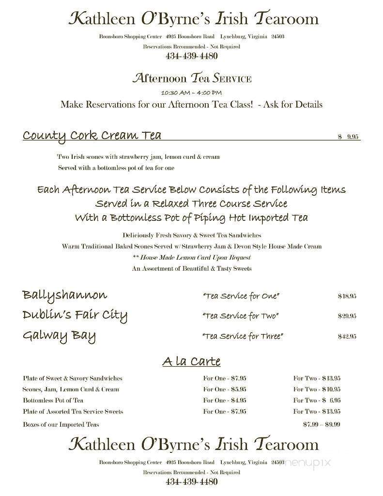 Kathleen O'Byrne's Irish Tearoom - Lynchburg, VA menu_pic