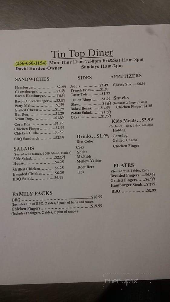 Tin Top Diner - Albertville, AL menu_pic