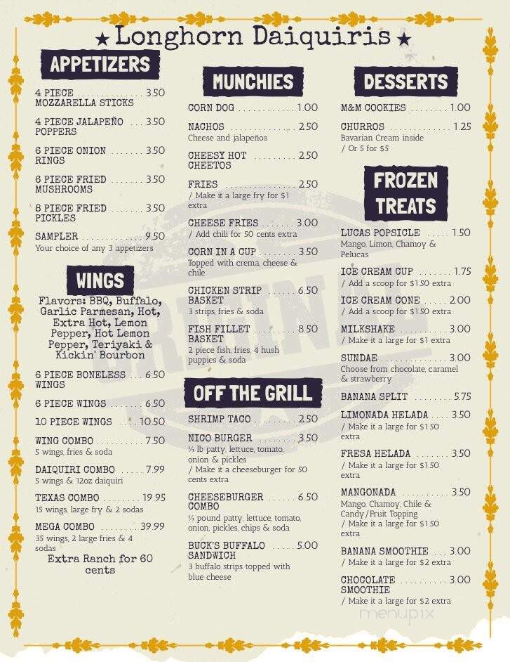 Longhorn Daiquiris - Kyle, TX menu_pic