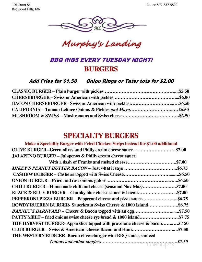 Murphy's Landing - Redwood Falls, MN menu_pic