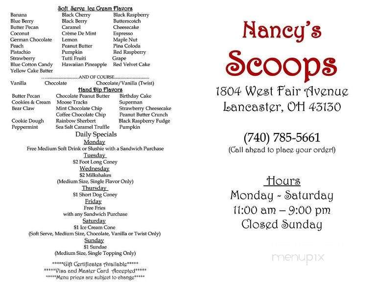 Nancys Scoops - Lancaster, OH menu_pic