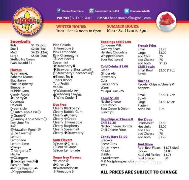 Hana's Authentic New Orleans Snowballs And More - Portland, OR menu_pic