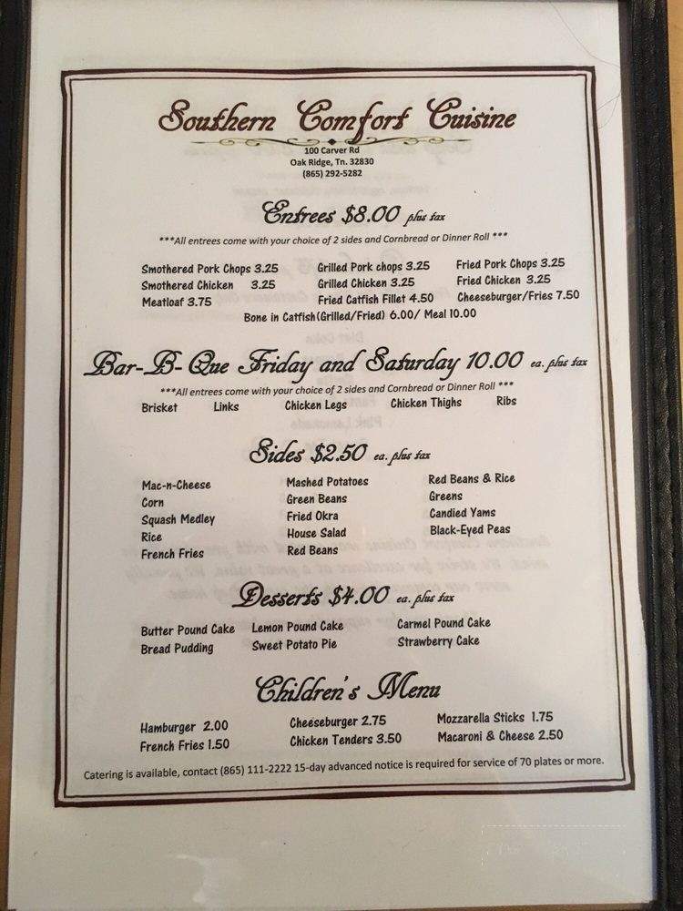 Southern Comfort Cuisine - Oak Ridge, TN menu_pic